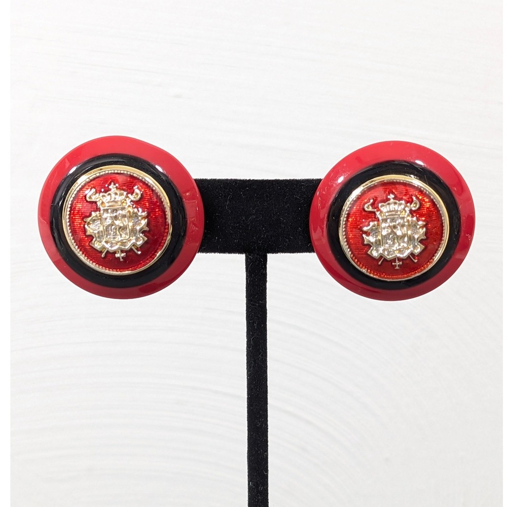 Vintage Red Acrylic Shield Crest Earrings 80s‎ Retro Pierced